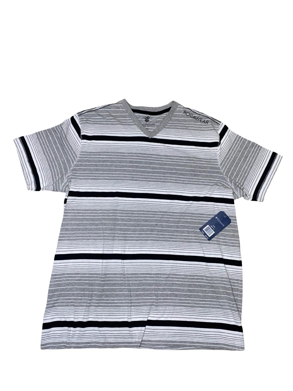 NWT Rocawear 100% cotton Mens Striped V-Neck T-Shirt Grey Black White Size XL